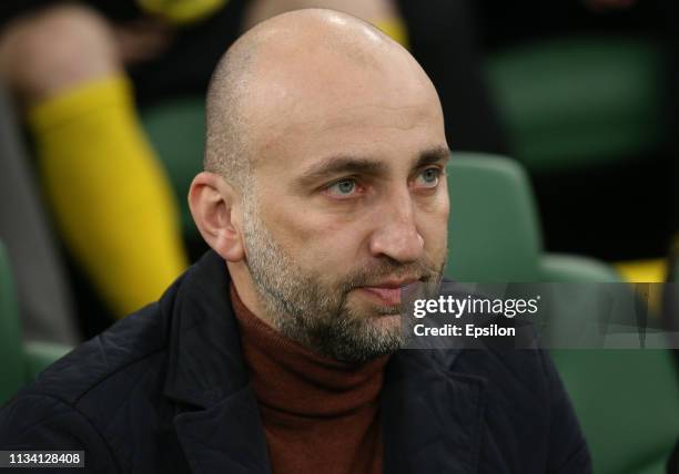 Head coach Magomed Adiyev of FC Anzhi Makhachkala gestures during the Russian Premier League match between FC Krasnodar and FC Anzhi Makhachkala at...