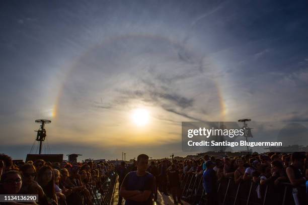 Circular rainbow appears in the sky during the third day of Lollapalooza Buenos Aires 2019 at Hipodromo de San Isidro on March 31, 2019 in Buenos...