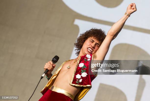 Joshua Kiszka of Greta Van Fleet performs during the third day of Lollapalooza Buenos Aires 2019 at Hipodromo de San Isidro on March 31, 2019 in...