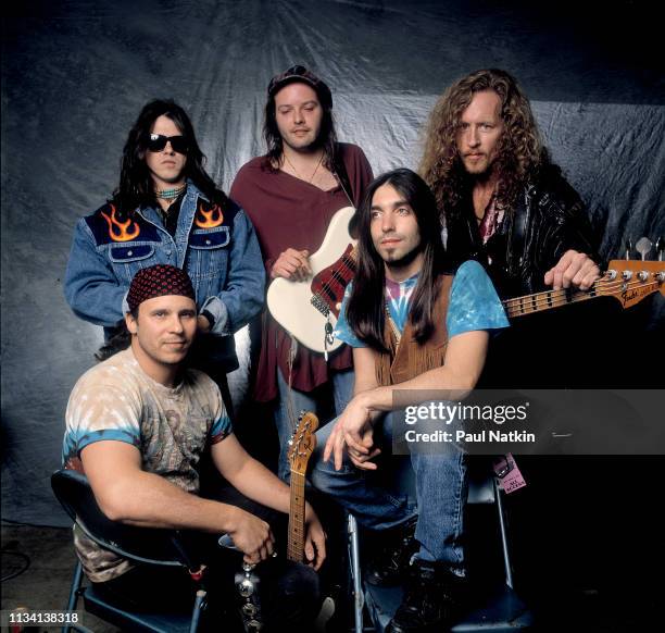 Portrait of the band The Screamin' Cheetah Wheelies at the Odeum Ballroom in Villa Park, Illinois, April 2, 1994. Left to right, Bob Watkins, Mike...