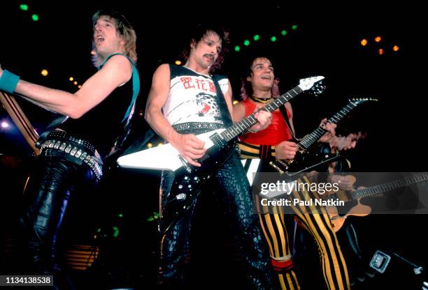 German Rock group Scorpions perform onstage at the Rosemont Horizon, Rosemont, Illinois, May 20, 1984. Pictured are, from left, Francis Buchholz, on...