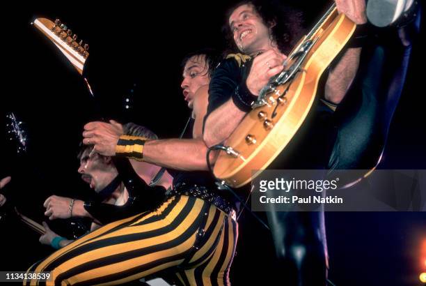 German Rock group Scorpions perform onstage at the Rosemont Horizon, Rosemont, Illinois, May 20, 1984. Pictured are, from left musicians Rudolf...