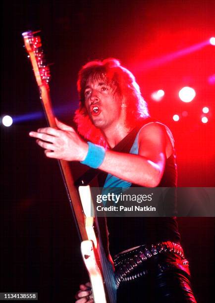 German Rock musician Francis Buchholz, of the group Scorpions, plays bass guitar as he performs onstage at the Rosemont Horizon, Rosemont, Illinois,...