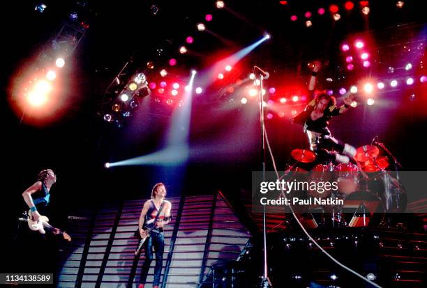 German Rock group Scorpions perform onstage at the Rosemont Horizon, Rosemont, Illinois, May 20, 1984. Pictured are, from left, Francis Buchholz, on...