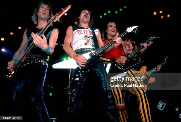 German Rock group Scorpions perform onstage at the Rosemont Horizon, Rosemont, Illinois, May 20, 1984. Pictured are, from left, Francis Buchholz, on...