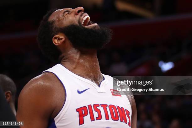 Andre Drummond of the Detroit Pistons reacts to a second half dunk while playing the Minnesota Timberwolves at Little Caesars Arena on March 06, 2019...