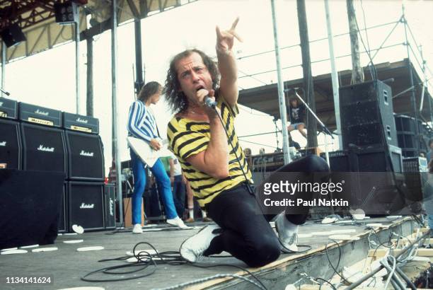 German Rock vocalist Klaus Meine, of the group Scorpions, performs onstage at the Rockford Speedway, Rockford, Illinois, July 27, 1980. Visible in...