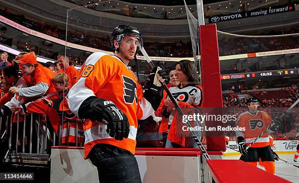 Mike Richards of the Philadelphia Flyers walks to the ice for the warm ups against the Boston Bruins in Game One of the Eastern Conference Semifinals...