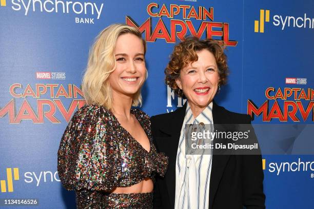 Brie Larson and Annette Bening attend the 'Captain Marvel' screening at Henry R. Luce Auditorium at Brookfield Place on March 06, 2019 in New York...