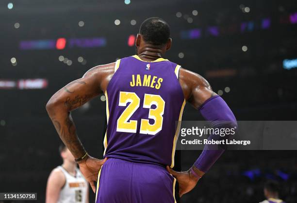 Detail of the jersey of LeBron James of the Los Angeles Lakers during the first quarter against the Denver Nuggets at Staples Center on March 06,...