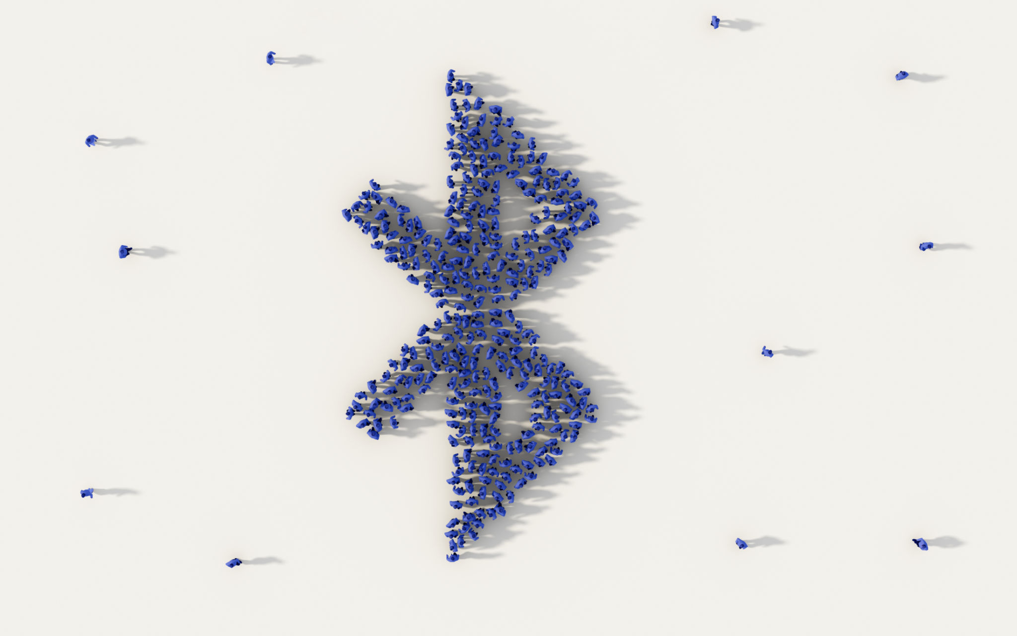 Large group of people forming bluetooth symbol in social media and community concept on white background. 3d sign of crowd illustration from above gathered together Large group of people forming bluetooth symbol in social media and community concept on white background. 3d sign of crowd illustration from above gathered together