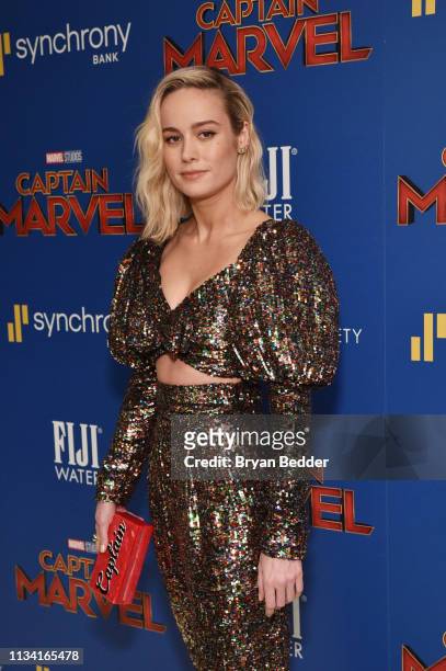 Actress Brie Larson attends the FIJI Water with the Cinema Society host a special screening of "Captain Marvel" on March 06, 2019 in New York City.