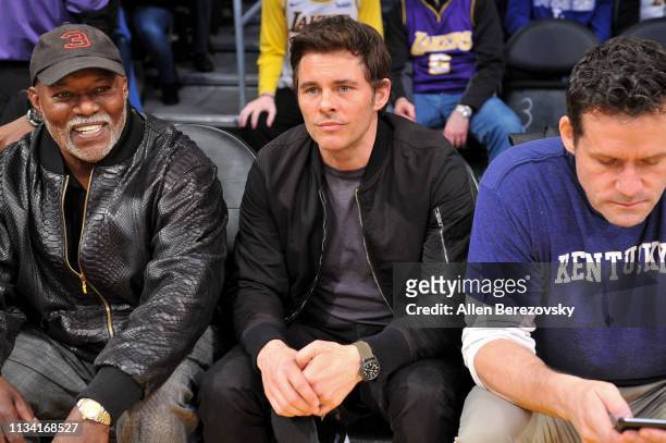 James Marsden and Josh Hopkins attend a basketball game between the Los Angeles Lakers and the Denver Nuggets at Staples Center on March 06, 2019 in...