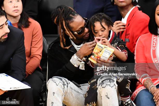 Chainz his son Halo Epps attend a basketball game between the Los Angeles Lakers and the Denver Nuggets at Staples Center on March 06, 2019 in Los...