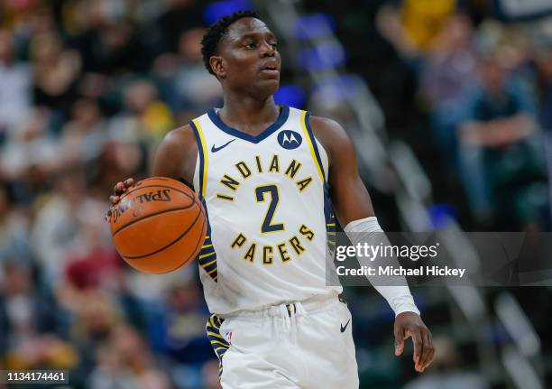 Darren Collison of the Indiana Pacers brings the ball up court during the game against the Orlando Magic at Bankers Life Fieldhouse on March 30, 2019...