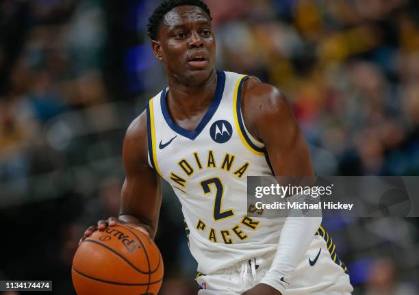 Darren Collison of the Indiana Pacers brings the ball up court during the game against the Orlando Magic at Bankers Life Fieldhouse on March 30, 2019...