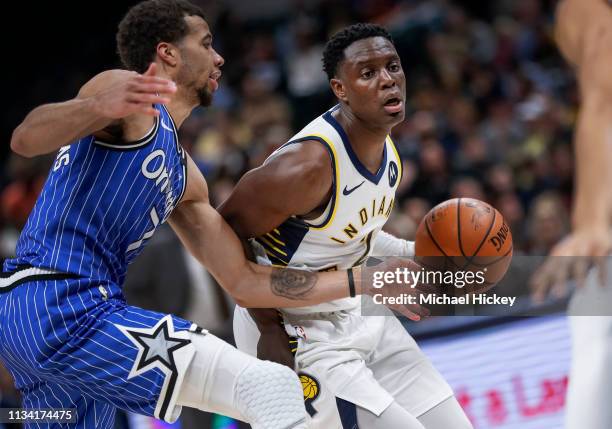 Darren Collison of the Indiana Pacers brings the ball up court during the game against the Orlando Magic at Bankers Life Fieldhouse on March 30, 2019...