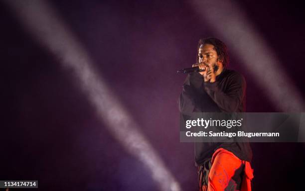 Kendrick Lamar performs during the third day of Lollapalooza Buenos Aires 2019 at Hipodromo de San Isidro on March 31, 2019 in Buenos Aires,...