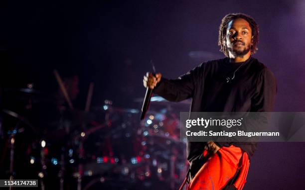 Kendrick Lamar performs during the third day of Lollapalooza Buenos Aires 2019 at Hipodromo de San Isidro on March 31, 2019 in Buenos Aires,...