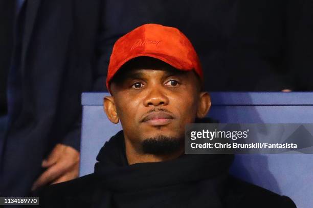 Samuel Eto'o looks on ahead of the UEFA Champions League Round of 16 Second Leg match between Paris Saint-Germain and Manchester United at Parc des...