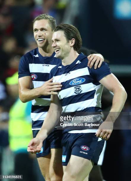 Patrick Dangerfield of the Cats celebrates after kicking a goal with Joel Selwood of the Cats during the 2019 JLT Community Series AFL match between...