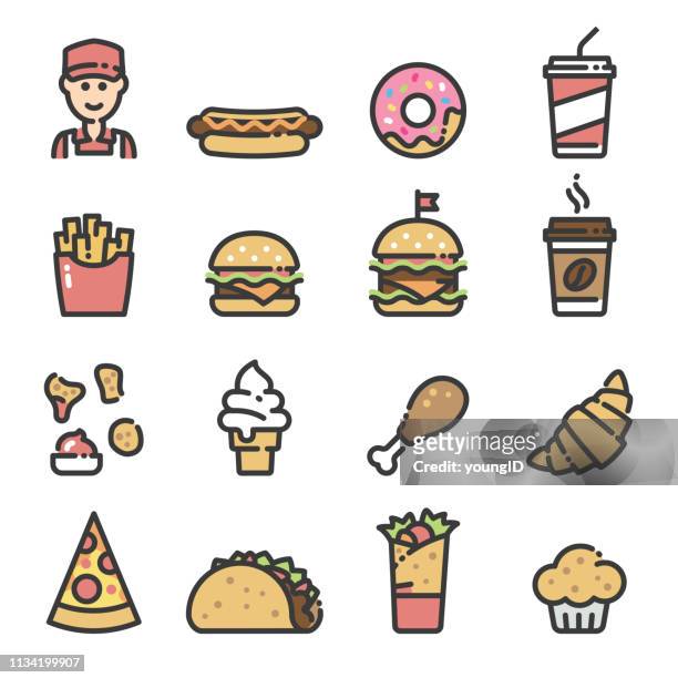 ilustraciones, imágenes clip art, dibujos animados e iconos de stock de iconos de arte de la línea de comida rápida - comida rápida