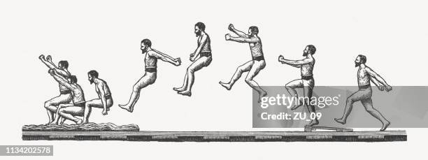 moment photographs of a jumping man, wood engraving, published 1897 - long jump stock illustrations