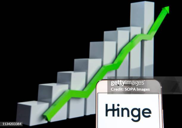 In this photo illustration a online dating app Hinge logo is seen on an android mobile device with an ascent growth chart in the background.