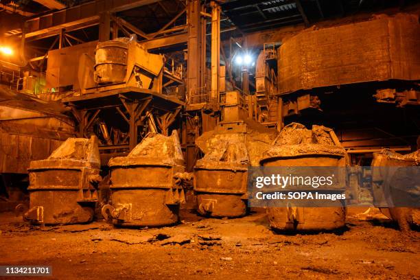Drums used in the flow of hot liquid metal seen at the plant. Production of matte nickel at the PT Vale nickel plant, in Sorowako, South sulawesi,...