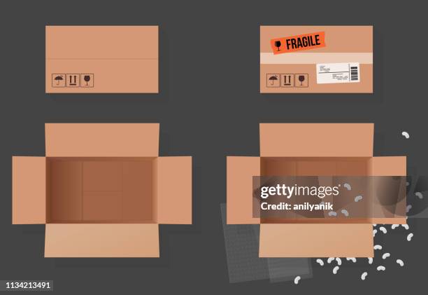 stockillustraties, clipart, cartoons en iconen met open doos - krat