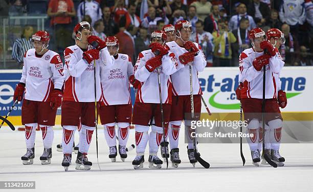 The team of Denmark looks dejected after the IIHF World Championship group D match between Czech Republic and Denmark at Orange Arena on May 2, 2011...