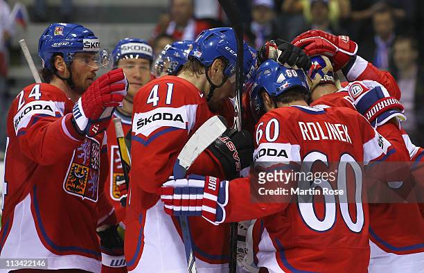 Martin Skoula of Czech Republic celebrates with his team mates after the IIHF World Championship group D match between Czech Republic and Denmark at...