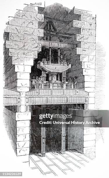 Illustration. Showing Hydraulic lifting gear used to raise the tubes of the Britannia bridge. Over the Menai Straits. Into position. Begun by Robert...