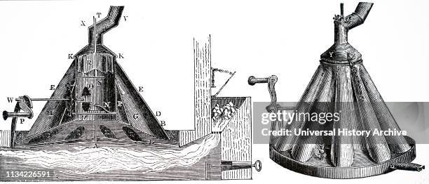 An engraving depicting a sectional view of a Scotch still. Scottish distillers favoured rapid distillation, because in Scotland excise duty vas...