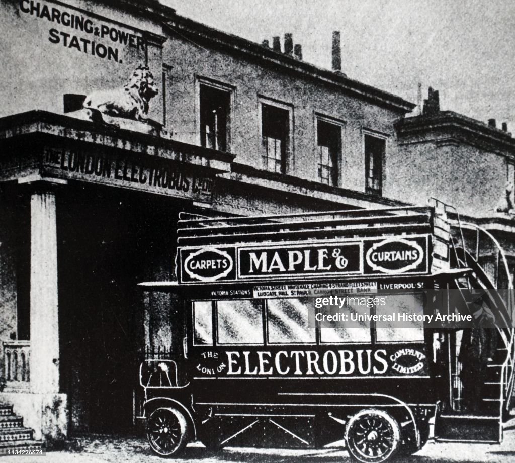 A photograph of an early battery operated bus