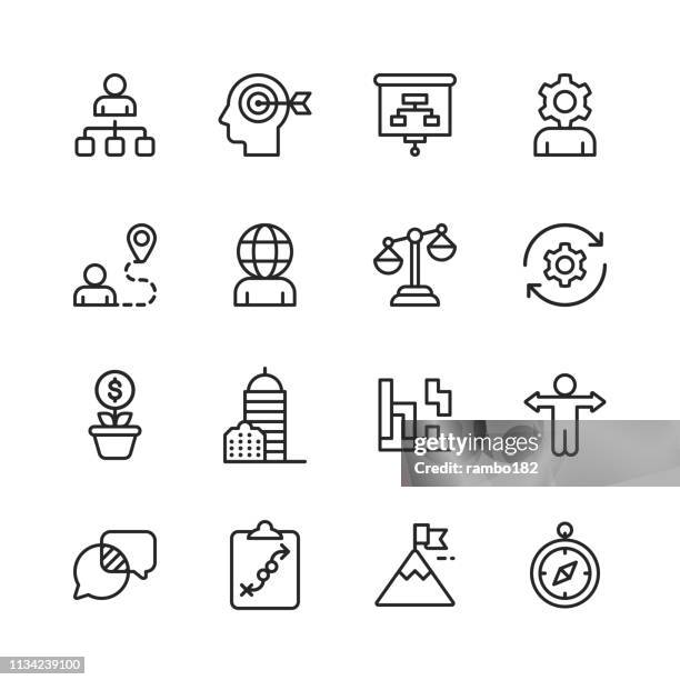 business strategy line icons. bearbeitbare stroke. pixel perfect. für mobile und web. enthält ikonen wie brainstorming, bussiness strategy, business consulting, kommunikation, corporate development. - herausforderung stock-grafiken, -clipart, -cartoons und -symbole