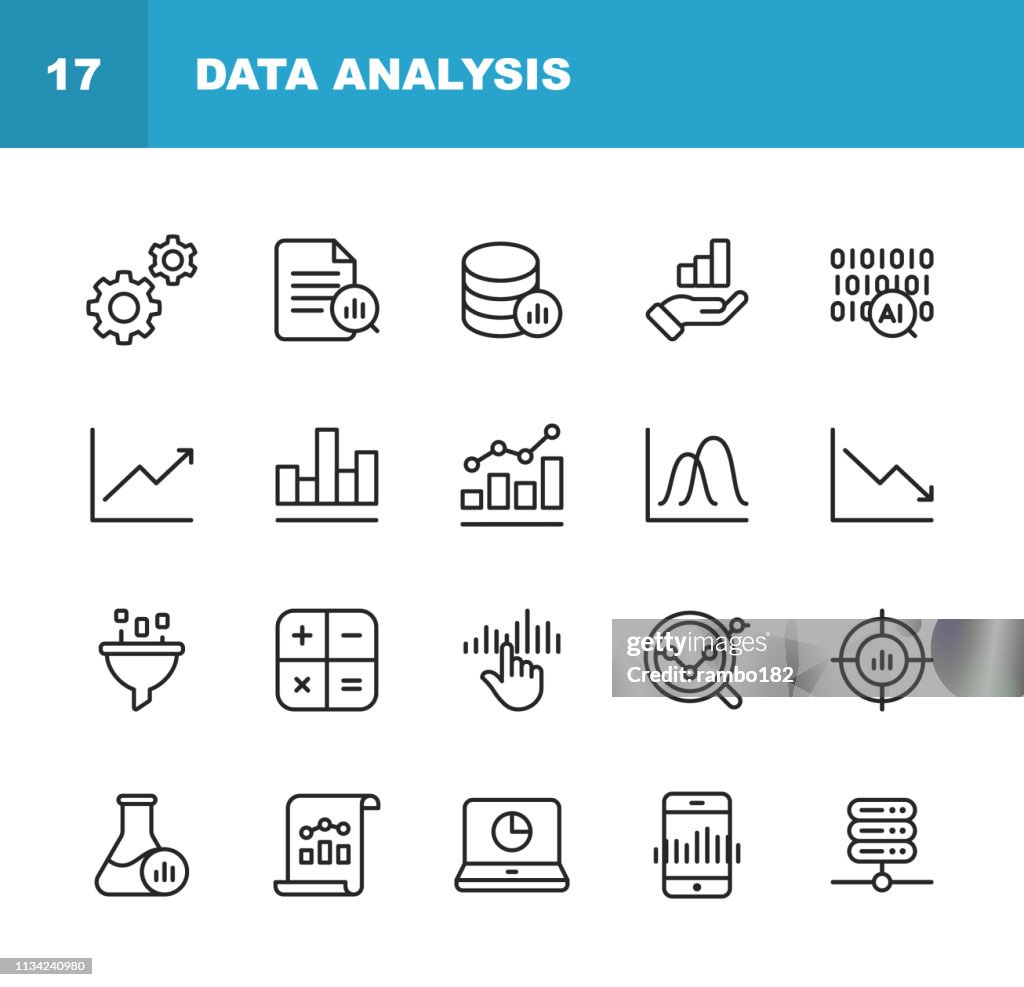 Icônes de ligne d'analyse de données. Contour modifiable. Pixel parfait. Pour mobile et Web. Contient des icônes telles que les paramètres, science des données, Big Data, intelligence artificielle, statistiques.