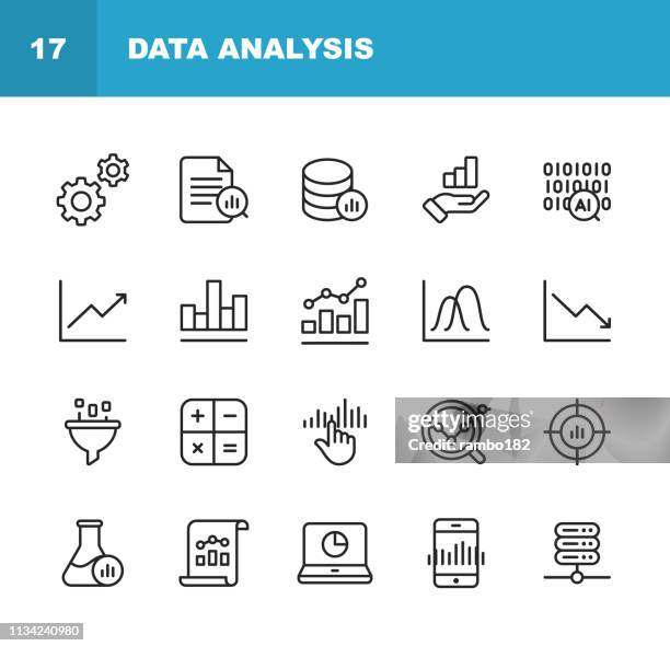 データ分析ラインアイコン。編集可能なストローク。ピクセルパーフェクト。モバイルとウェブのために。設定、データサイエンス、ビッグデータ、人工知能、統計などのアイコンが含まれ� - analytic点のイラスト素材／クリップアート素材／マンガ素材／アイコン素材