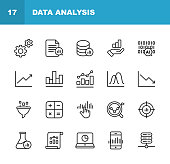 Data Analysis Line Icons. Editable Stroke. Pixel Perfect. For Mobile and Web. Contains such icons as Settings, Data Science, Big Data, Artificial Intelligence, Statistics.
