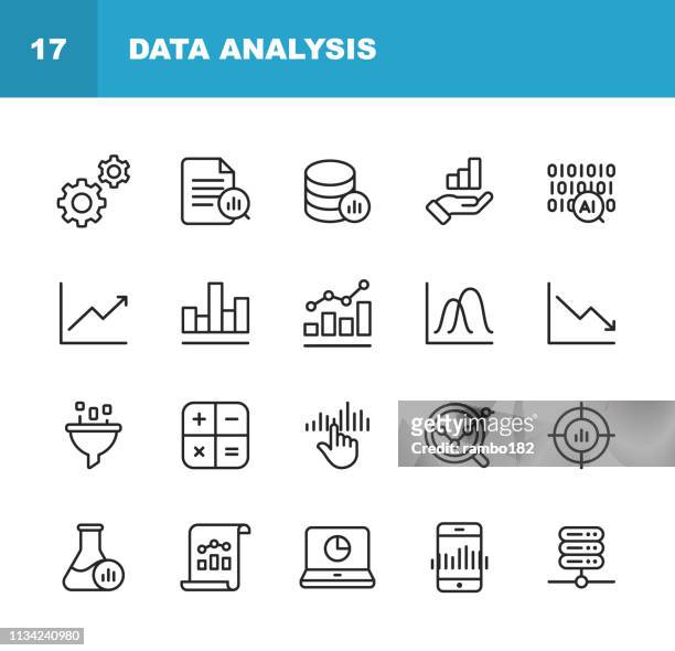 data analysis line icons. editable stroke. pixel perfect. for mobile and web. contains such icons as settings, data science, big data, artificial intelligence, statistics. - financiën stock illustrations