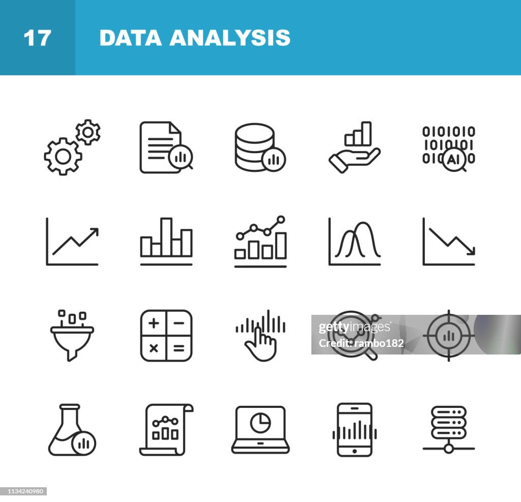 資料分析行圖示。可編輯的筆劃。圖元完美。適用于移動和 web。包含 "設置"、"資料科學"、"大資料"、"人工智慧"、"統計" 等圖示。