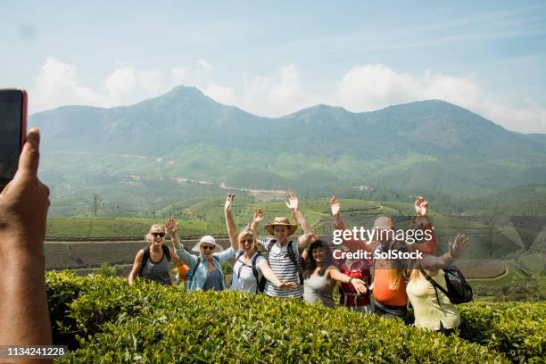 group picture next to keralan tea plantations - tourist stock pictures, royalty-free photos & images