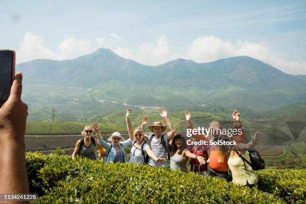 group picture next to keralan tea plantations - india tourism stock pictures, royalty-free photos & images