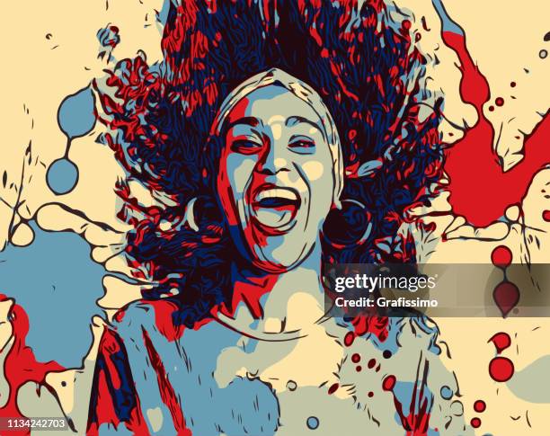 beautiful brazilian woman cheerful shaking hair watercolor painting - black american culture stock illustrations