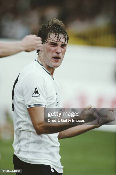 Spurs player Glenn Hoddle celebrates after scoring a goal during a First Division match at Vicarage Road between Watford and Tottenham Hotspur on...