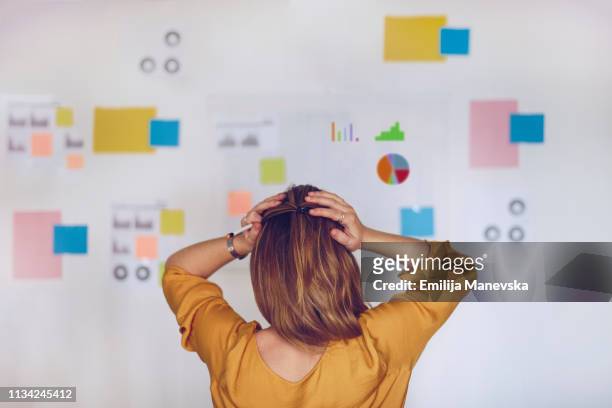 woman standing in front of chart full of notes - failure foto e immagini stock
