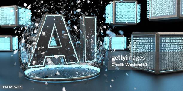 stockillustraties, clipart, cartoons en iconen met 3d rendering, digital cubic units and a bursting bubble of ai, artificial intelligence - destruction