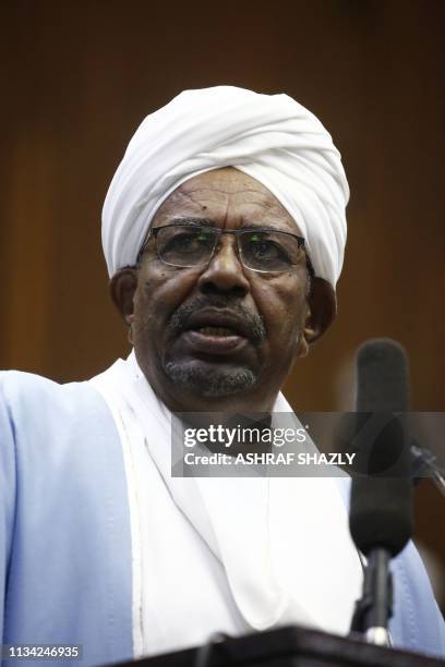 Sudanese President Omar al-Bashir addresses parliament in the capital Khartoum on April 1, 2019 in his first such speech since he imposed a state of...