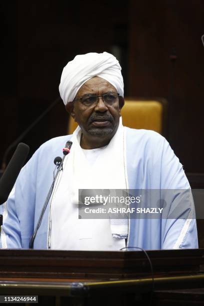 Sudanese President Omar al-Bashir addresses parliament in the capital Khartoum on April 1, 2019 in his first such speech since he imposed a state of...