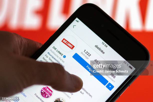The instagram profile of the left party DIE LINKE is shown on a smartphone on March 11, 2019 in Berlin, Germany.